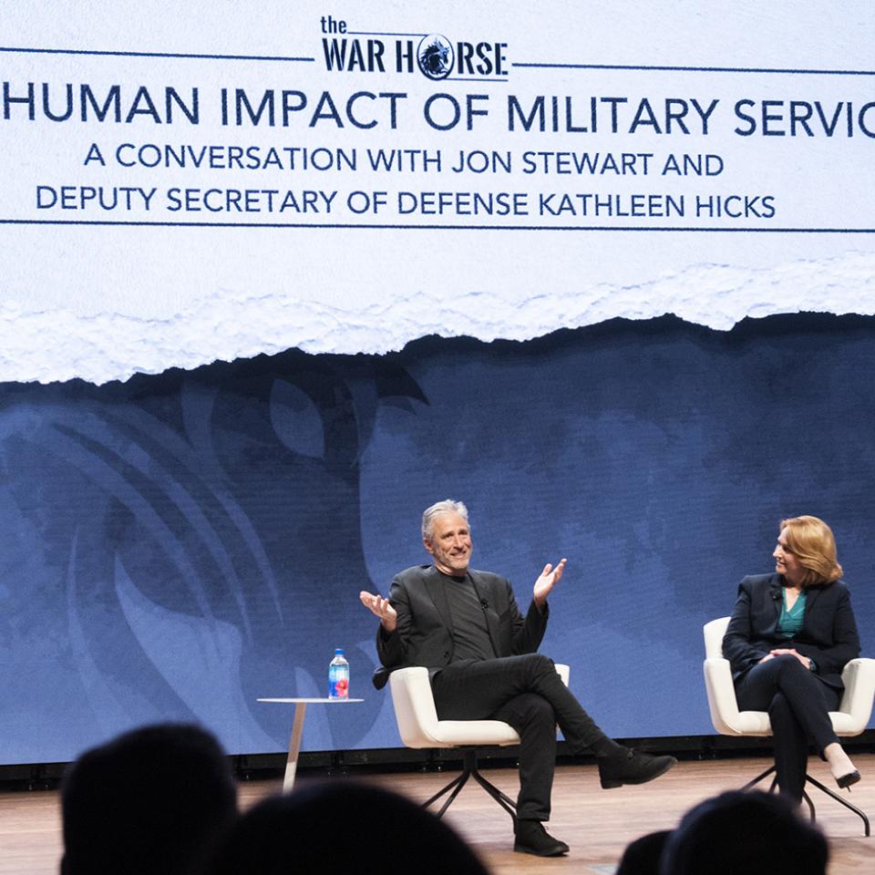 Jon Stewart and Kathleen Hicks